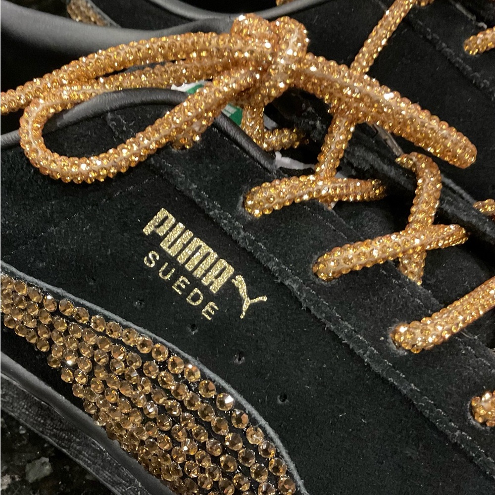 PUMA SUEDE CLASSIC Sneakers Womans 8 W/GOLD Swavorski Stones & Laces! BLK/BLK - Picture 10 of 12